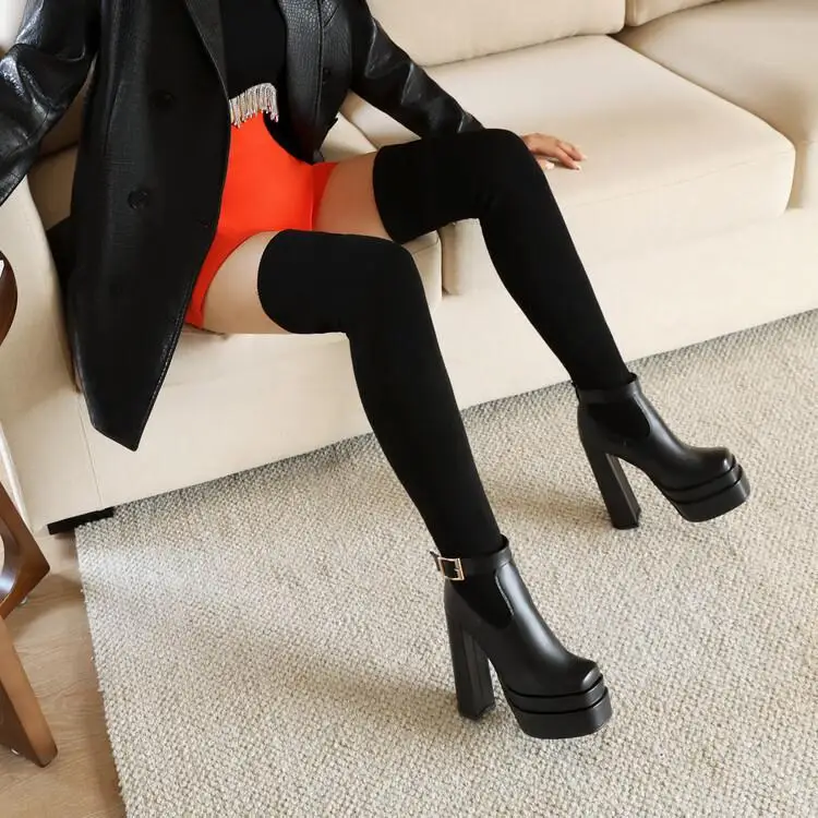 

ippeum Thigh High Boots Black Platform Chunky Heels Over the Knee Knit Stretch Boots Panelled long boots women