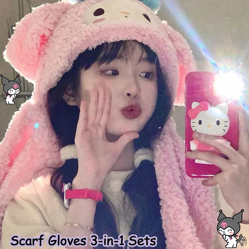 

Anime Cinnamoroll Kuromi 3 In 1 Hat Scarf Gloves Set For Women Winter Warm Cute Sanrio Cartoon Casual Plush Scarf Christmas Gift