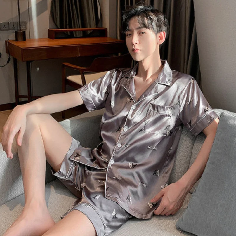 Пижамный комплект мужской с эластичным поясом шелковая одежда для сна коротким