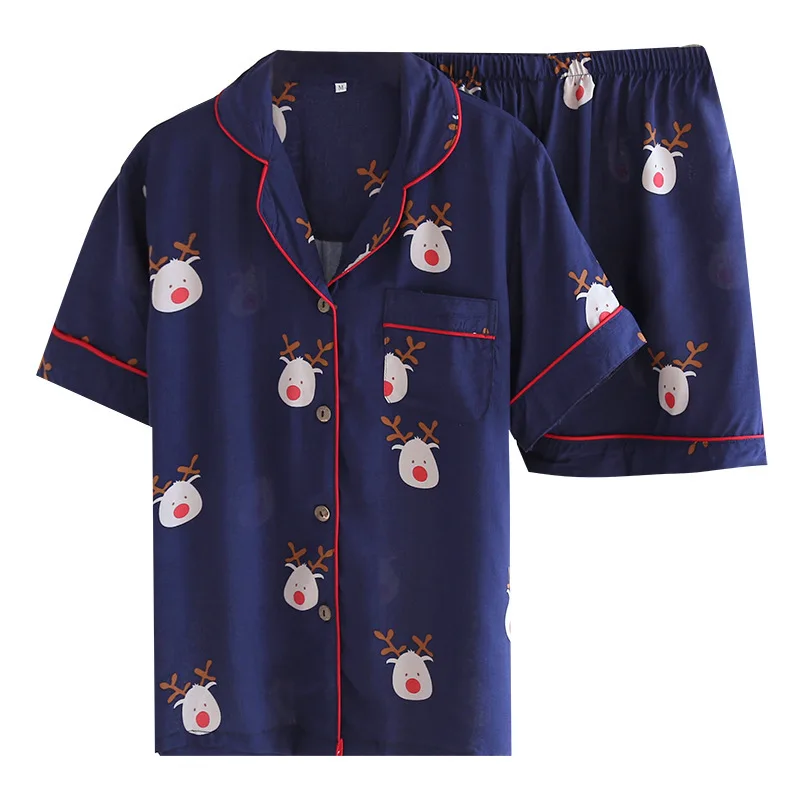 

Пижама для пар с мультяшным оленем, мужские весенне-летние шорты с коротким рукавом, домашний костюм, женская тонкая Ночная одежда, комплект...