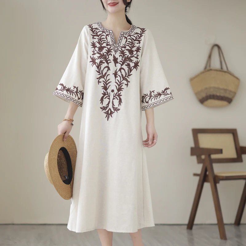 

2023 New Spring Summer Fashion V-Neck Embroidery Brief Female Dress Women Casual Loose Dresses Elegant Office Ladies Clothing