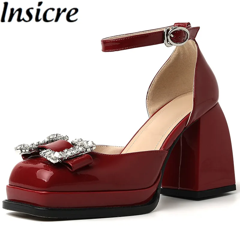 Insicre Women Pumps Square Toe Crystal Knot Buckle 2022 Fashion Summer Shoes Thick High Heel Platform Patent Leather Ins