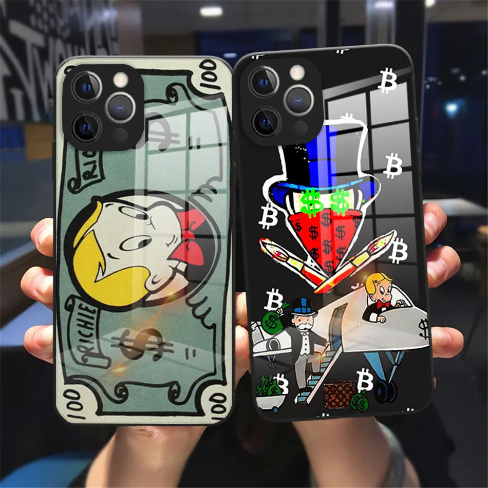 

Dollar Alec Monopoly Phone Cover For iPhone 11 12 13 14 Pro Max X XR XS Max 8 14 Plus 13Mini Black Tempered Glass bumper Case