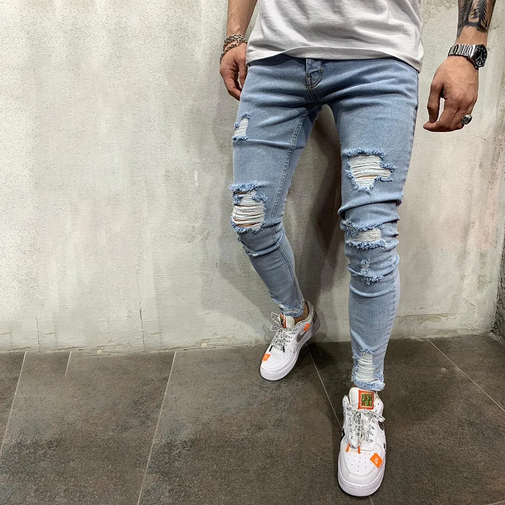 High Street Men's Slim Jeans Trendy Youth Ripped Jeans Large Size Full Length Pencil Pants Fashion Denim Trousers
