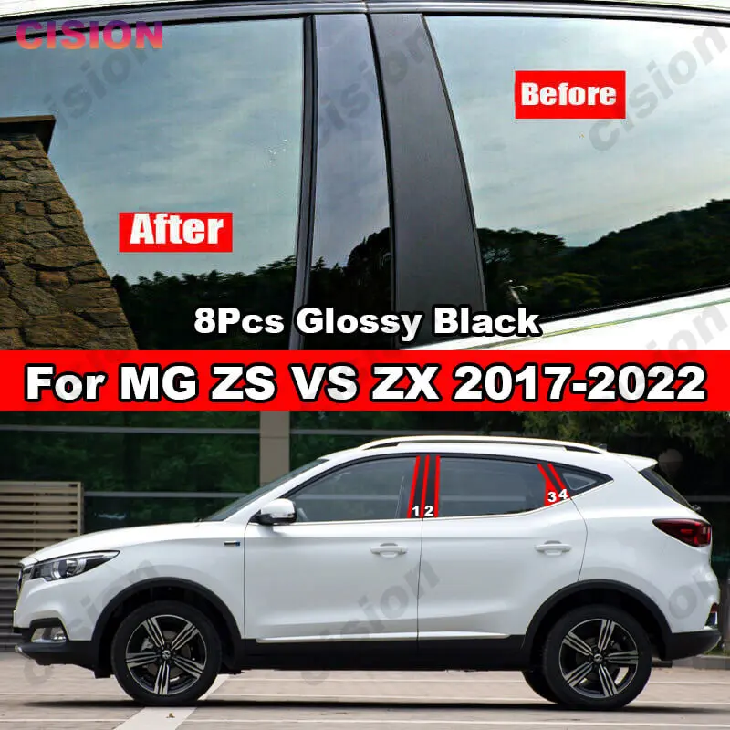 

For MG ZS EV ZX ZST VS 2017-2022 Window Door Column BC Pillar Post Cover Trim Glossy Black Carbon Fiber Mirror Effect PC Sticker