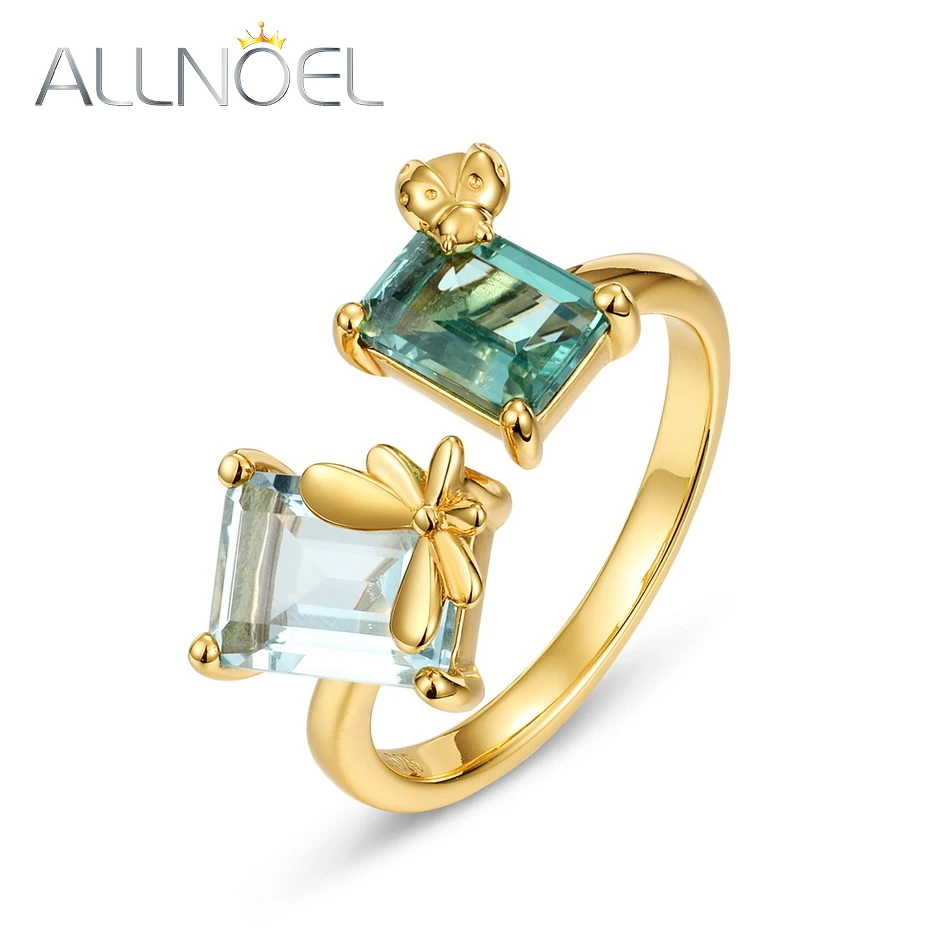

ALLNOEL 925 Sterling Silver Resizable Open Rings For Women Topaz Green Amethyst Bee Design Gold Plated Elegant Fine Jewelry Gift