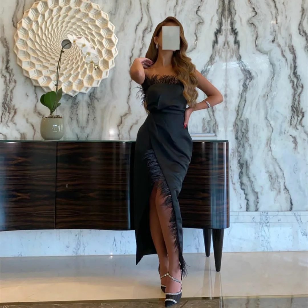 

Женское Короткое атласное вечернее платье, элегантное плиссированное платье с перьями, Боковым Разрезом, молнией сзади, длиной ниже колена, официальное праздвечерние чное платье для женщин