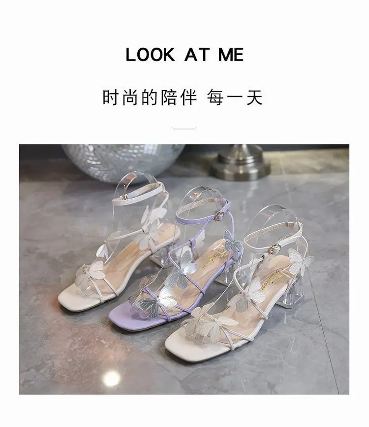 Summer Temperament Show Leg Long Line With Bow Thin Heel Square Head Roman Crystal High Heel Sandals