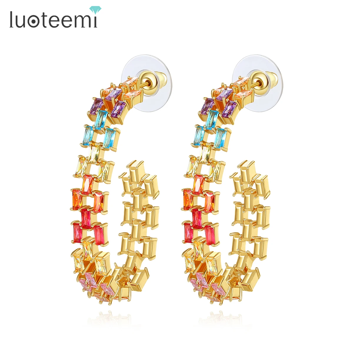 

LUOTEEMI Golded Unusual Design Multicolor Stones Hoop Earrings for Women Wedding Party Big Fashion Accessories Women's Trend