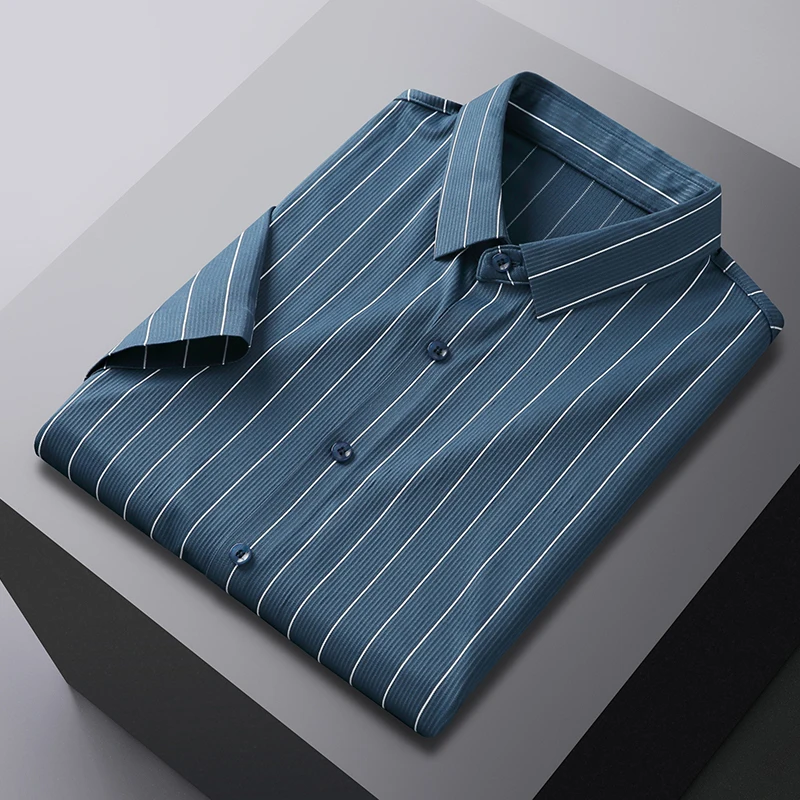 

High-quality Men's Shirt Business Summer Lapel Top Grade Fashion Korean End Short Sleeve Casual Soft Striped New Slim Fit Cool