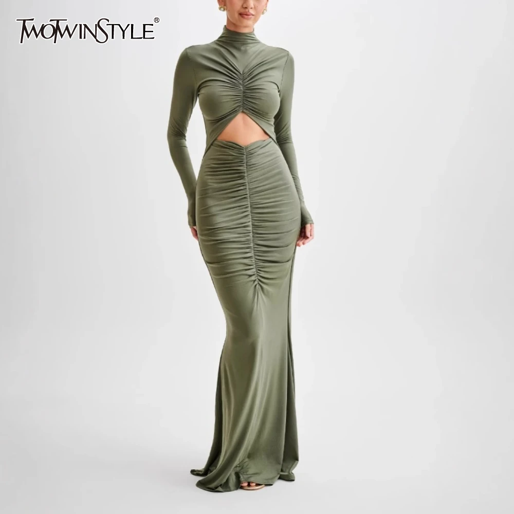 TWOTWINSTYLE однотонные ажурные утягивающие платья для женщин с высоким воротом и