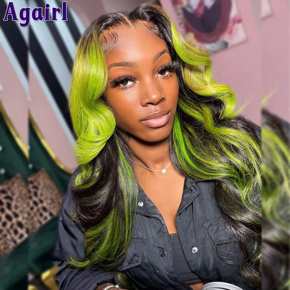 Glueless Fluorescent Green Highlight 13x6 Lace Frontal Body Wave Human Hair Wigs PrePlucked 5X5 Wavy Lace Closure Wigs For Women