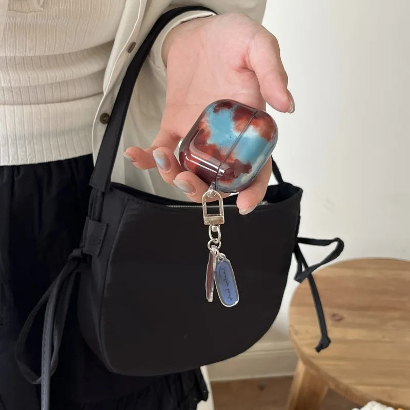 Портативный сине-коричневый чехол для наушников с янтарным узором и крючком Apple