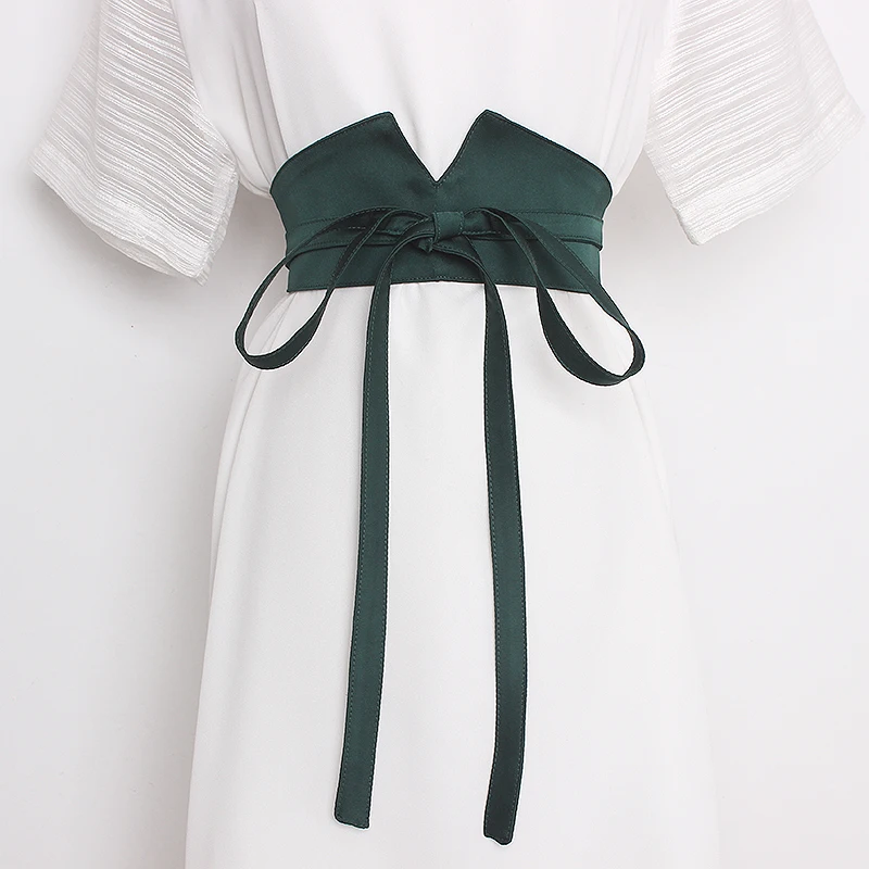 2022 Green Satin Fabric Irregular Waist Belt Self-tie Bow Waist Belt Slim Corset Spring Dress Shirt Waist Belts Female Waistband
