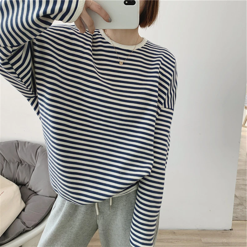 

2023 Autumn Casual Striped Pullovers Women Knitted Cotton Sweatshirts Female Long Sleeve Loose Tops Tee Shirt Jumpers 2023 S13