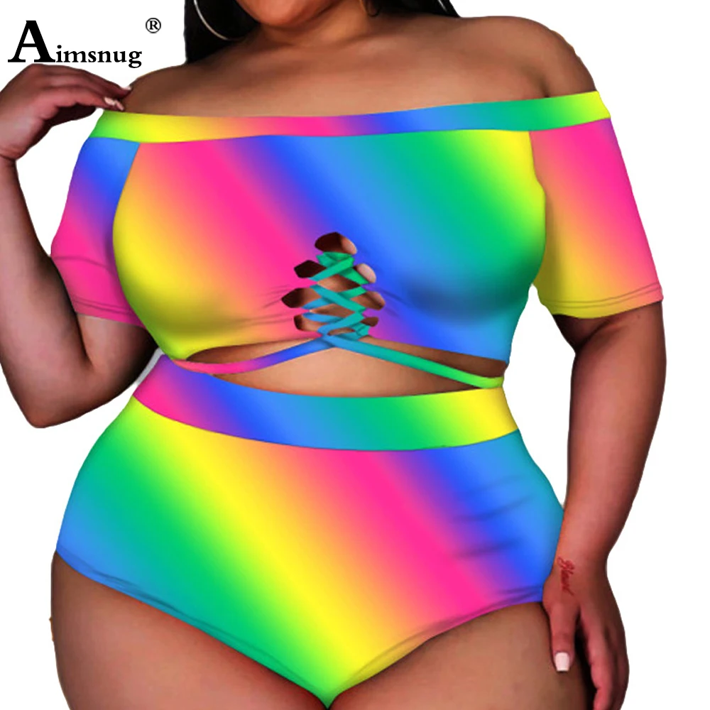 

Plus Size 4xl Women Fashion Tie Dry Bikini Sets High Cut Slash neck Two Pieces Swim Clothing 2022 mujer bikinis Swimwear Femme