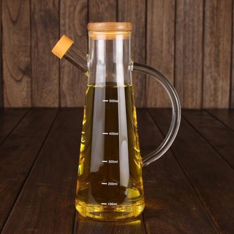 

Thickened High Borosilicate Glass Oil Pot Creative Leak-Proof with Scale Handle & Wood Lid Oil Bottle Kitchen Supplies