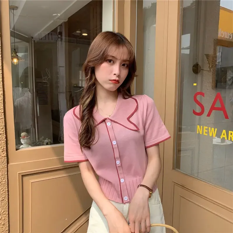 Женские футболки с воротником Питер Пэн трикотажная одежда коротким рукавом