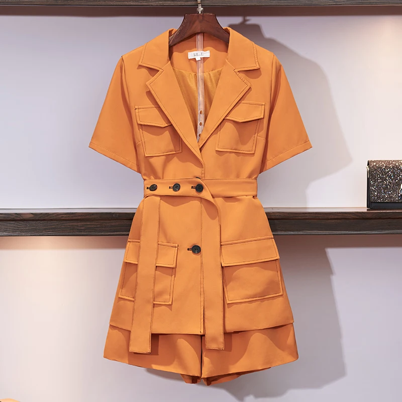 

Shorts suit female summer 2022 new Korean version fashion orange thin casual suit Big size belt high waist shorts two-piece sets
