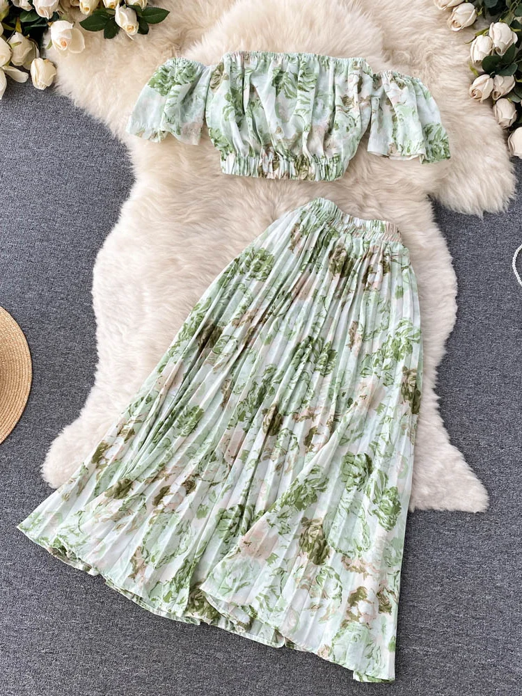 Женский комплект ALPHALMODA укороченный топ с принтом и трапециевидная юбка до