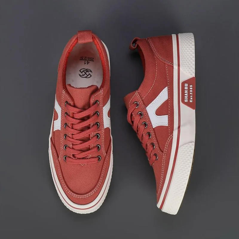 

Autumn 2023 New Men Casual Sneakers Spring Work Non-slip Canvas Vulcanize Shoes Breathable Men Designer Flats Black Brick-red