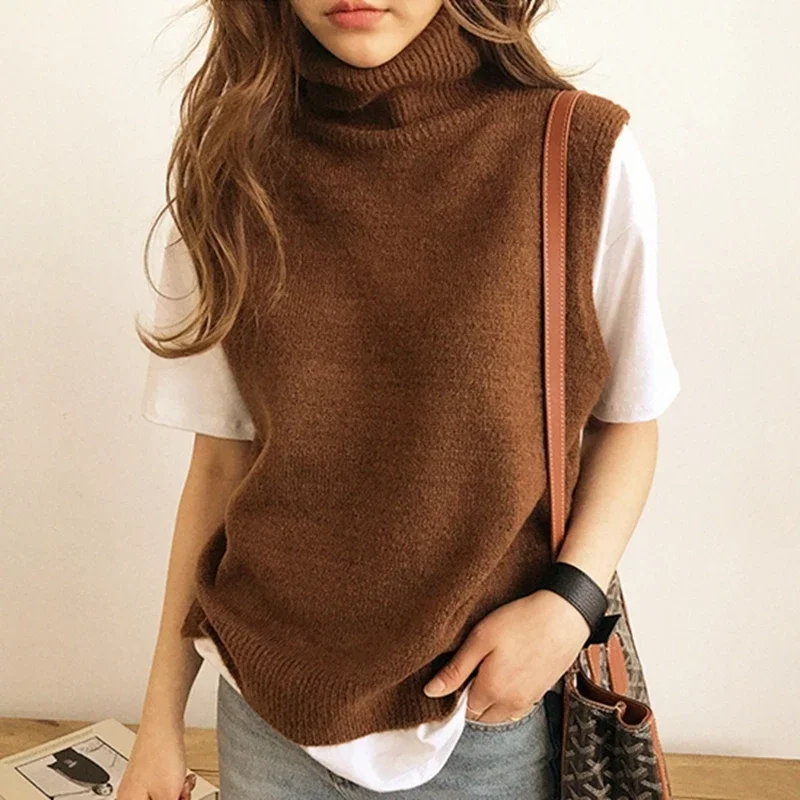 

Women's Knitted Angora Rabbit Cashmere Wool Turtleneck Vest Side Slit Winter Female Wool Sweater Sleeveless Waistcoat New Vogue