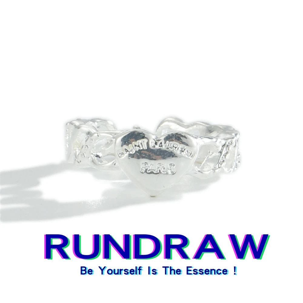 

Rundraw Silver Color Smooth Heart Shaped Geometric Chain Open Ring Women Fashion Square Crystal Ring Party High Quality Jewelry