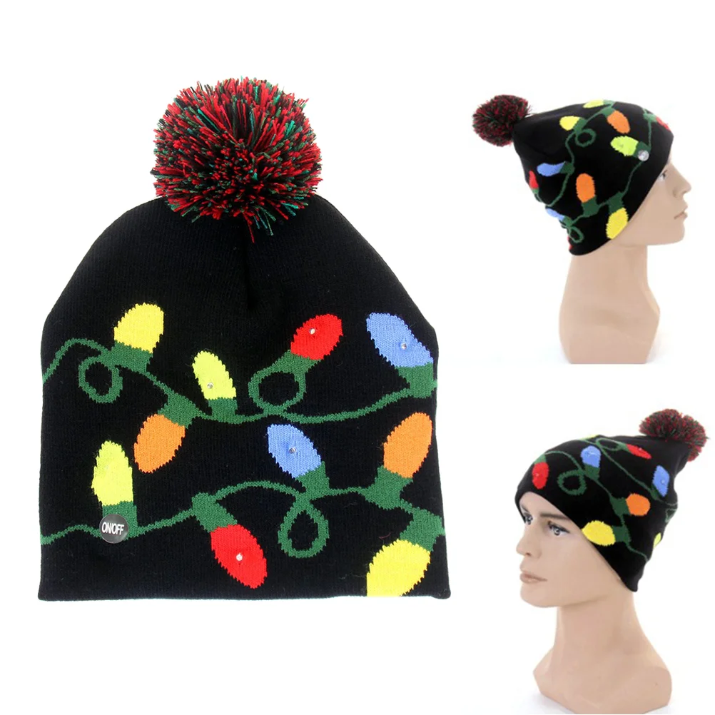 

Christmas Knit Hat Adult Festival Woollen Hat Turnup Wool Multicoloured Acrylic Fiber with Colorful Changing Lights Black Free