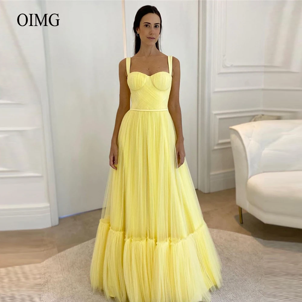 

OIMG A Line Yellow Tulle Long Evening Dresses 2022 Sweetheart Straps Tiered Skirt Vintage Prom Gowns Arabic Formal Party Dress