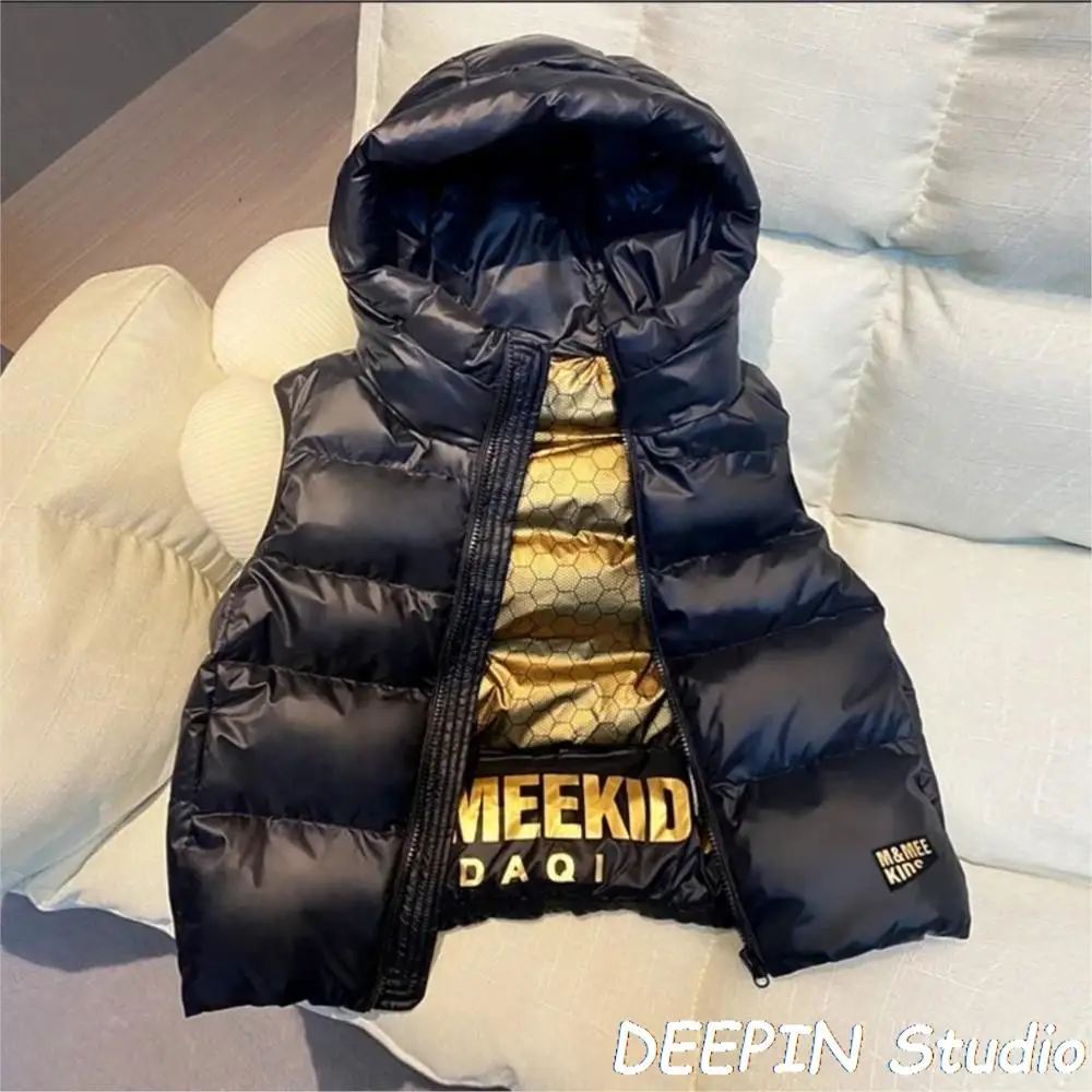 

Girls Boys Duck Down Hooded Waterproof Vest 2024 New SW Baby Warm Waterproof Waistcoat Children Sleeveless Jacket Black Purple