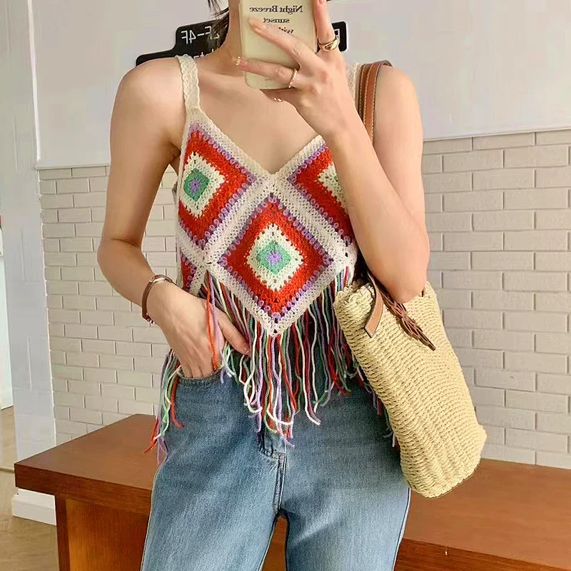 

Женская Асимметричная майка с открытыми плечами, асимметричное трикотажное богемное бюстье с кисточками, одежда случайного цвета для лета 2022