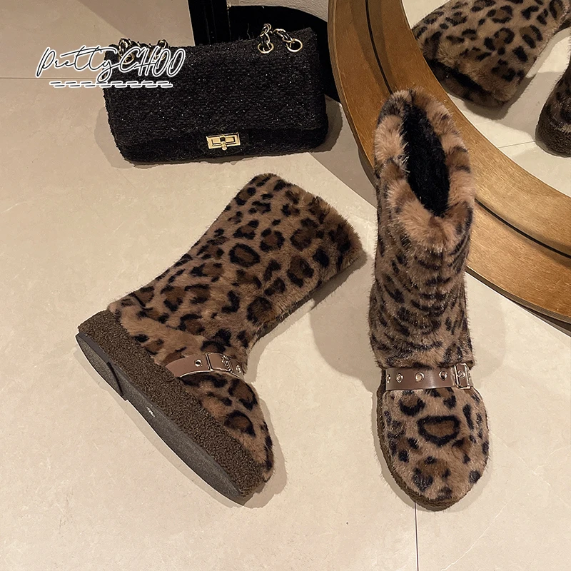 Роскошные женские меховые сапоги с леопардовым принтом элегантные до колена на