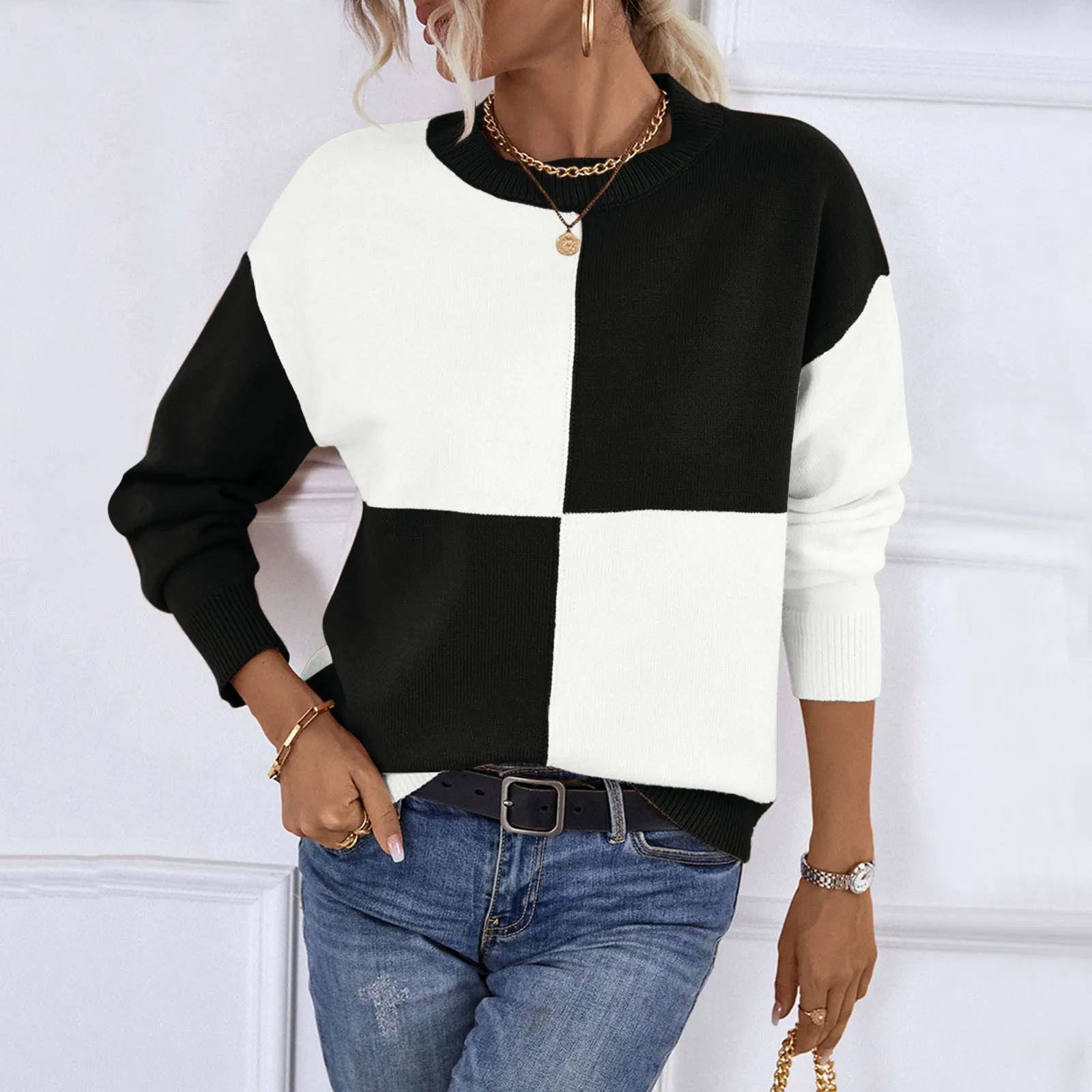 

Модный свитер с цветными блоками, свободные простые свитера, элегантные пуловеры, женские свитера с круглым вырезом, зимние женские наряды