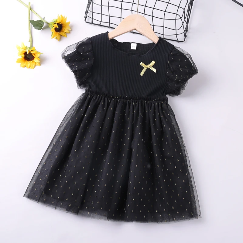 

Summer Patchwork Mesh Dress Sparkle Pattern Dress for Girl Clothes Kid Clothes Short Sleeve Children Dress