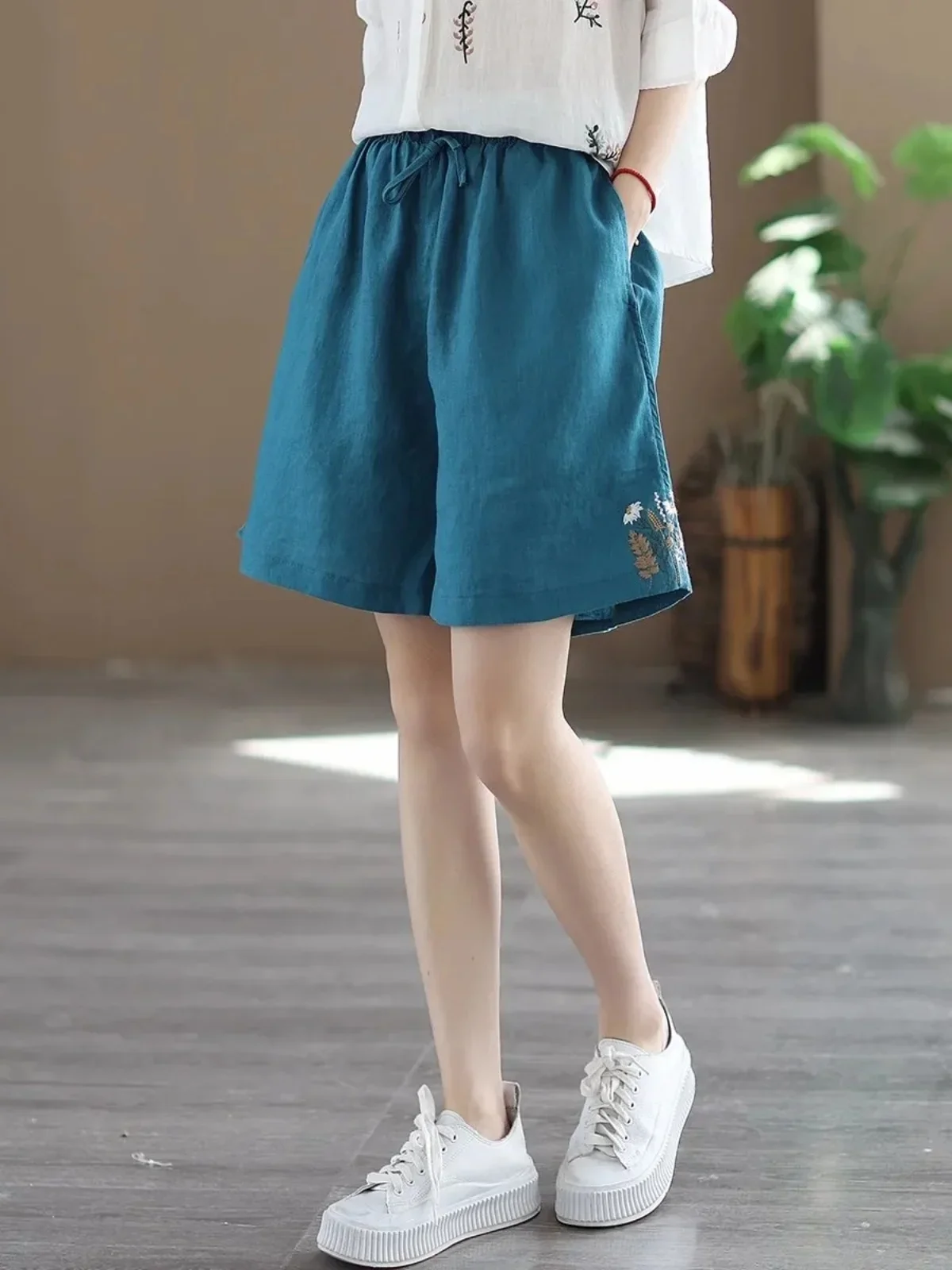 Хлопковые и льняные шорты весна-лето женские брюки с вышивкой модные широкие