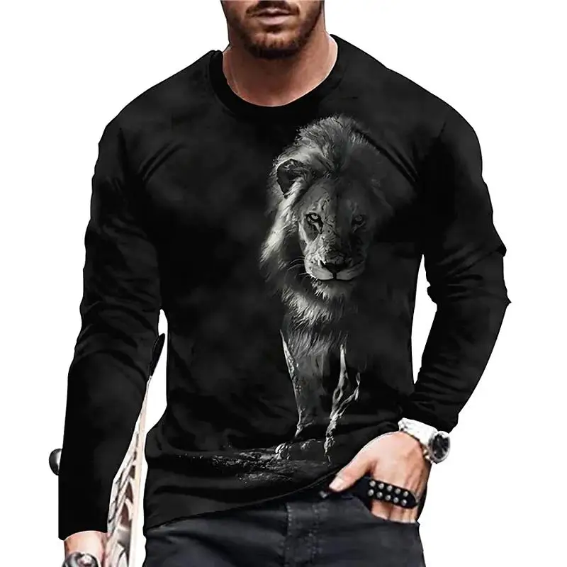 

Футболка мужская оверсайз с длинным рукавом, винтажный топ с круглым вырезом и принтом животных, свободная Осенняя рубашка с 3D рисунком льва/фото