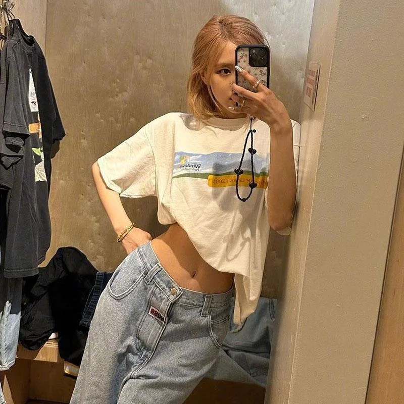 

ROSE Park Choi ying BOUN PINK Concert Airport Matching Clothes Loose Drop Shoulder Printed Short Sleeve T-shirt Summer