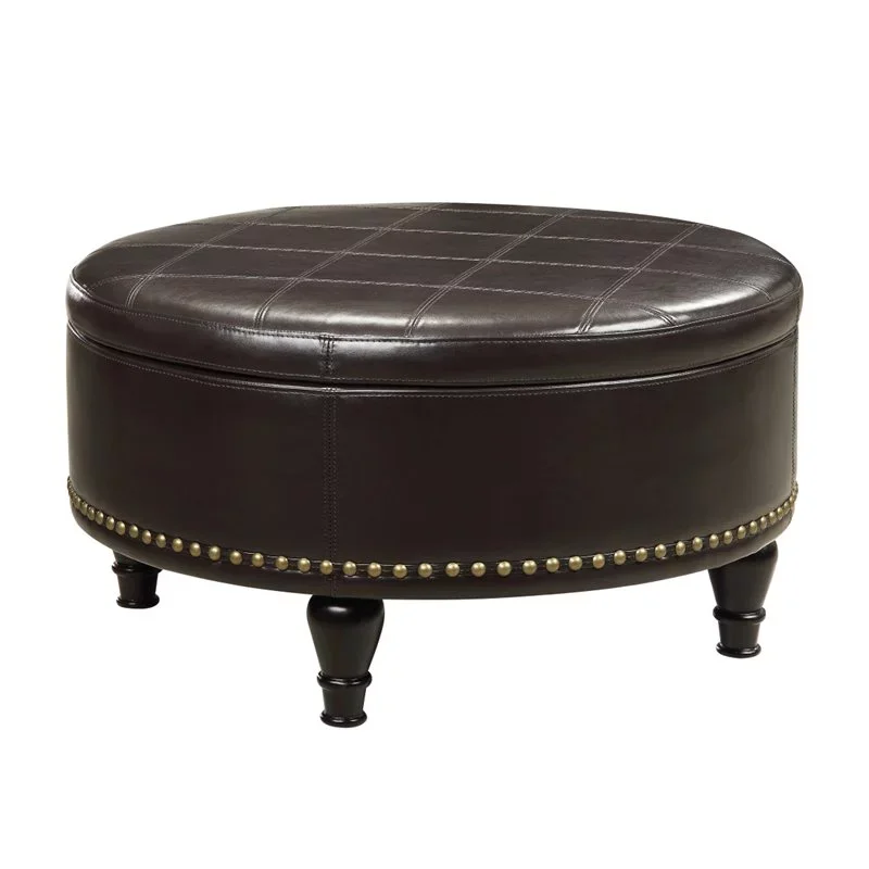 

OSP Furniture Home Furnishings Augusta Round Storage Ottoman in Espresso Bonded Leather with Decorative Nailheads