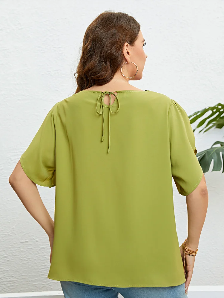 Summer Green Round Neck Lace Featured Top plus size women clothing blusas