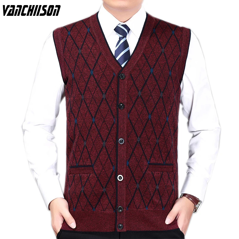 

Мужской вязаный жилет на пуговицах, базовый свитер, кардиган без рукавов, 19.7% шерсть, винтажная повседневная одежда для осени и зимы, с узоро...