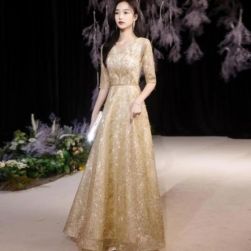 

Bling-Bling Sequins Sexy V-Neck Evening Party Dress Novelty Sexy Long Cheongsam 2022 Summer New Women Gold Qipao Maxi Gown