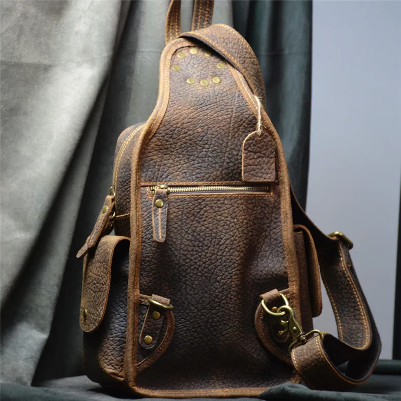 Retro Fashion Crazy Horse cowhide Men Chest Bag Simple Casual Outdoor Work Weekend Travel Teenager genuine leather Messenger Bag