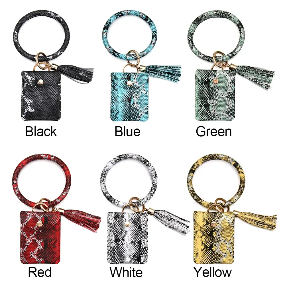 Bangle Style ID Card Holder Wallets Wristlet Keychain Card Holder Bracelet Key Ring Tassel Snake Skin Leather Coin Purse