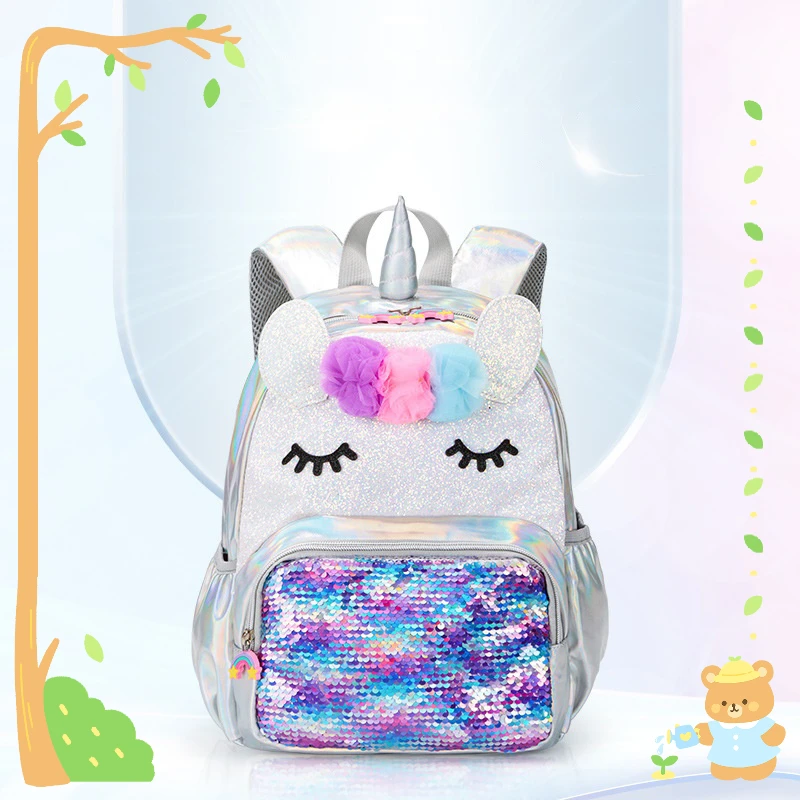 

2023 New Kindergarten School Bags Sequins Rainbow Unicorn Kids Anti-Lost Small Bags Children Cartoon Backpacks For Girls