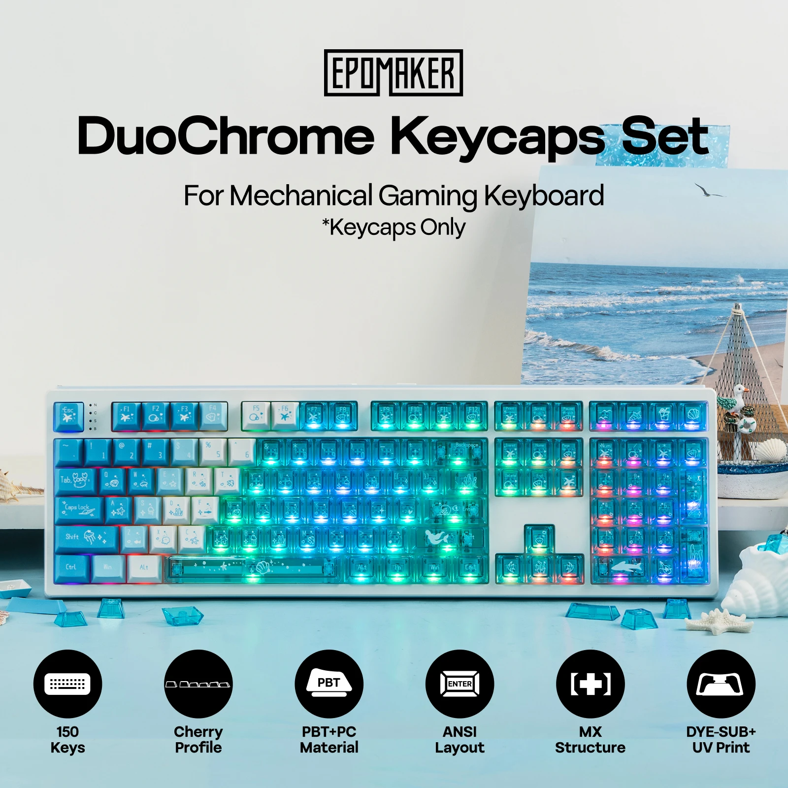 Набор кастомных кейкапов EPOMAKER DuoChrome Shine Through, 150 клавиш, профиль Cherry, сублимационная печать, для клавиатур 65, 75 TKL, 96 Full Size, подарок (art.: 3920dabe3c8ff) - 3920dabe3c8ff