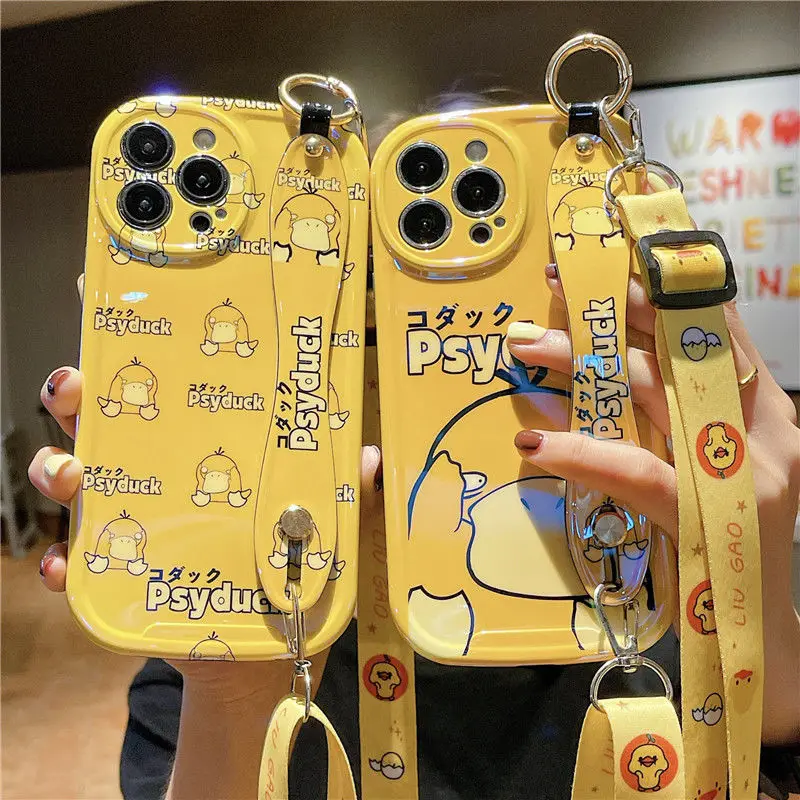 

YELLOW Cute Cartoon psyduck wristband crossbody lanyard Point Drill Phone Case for iPhone X XS XR 11 12 13 Pro MAX