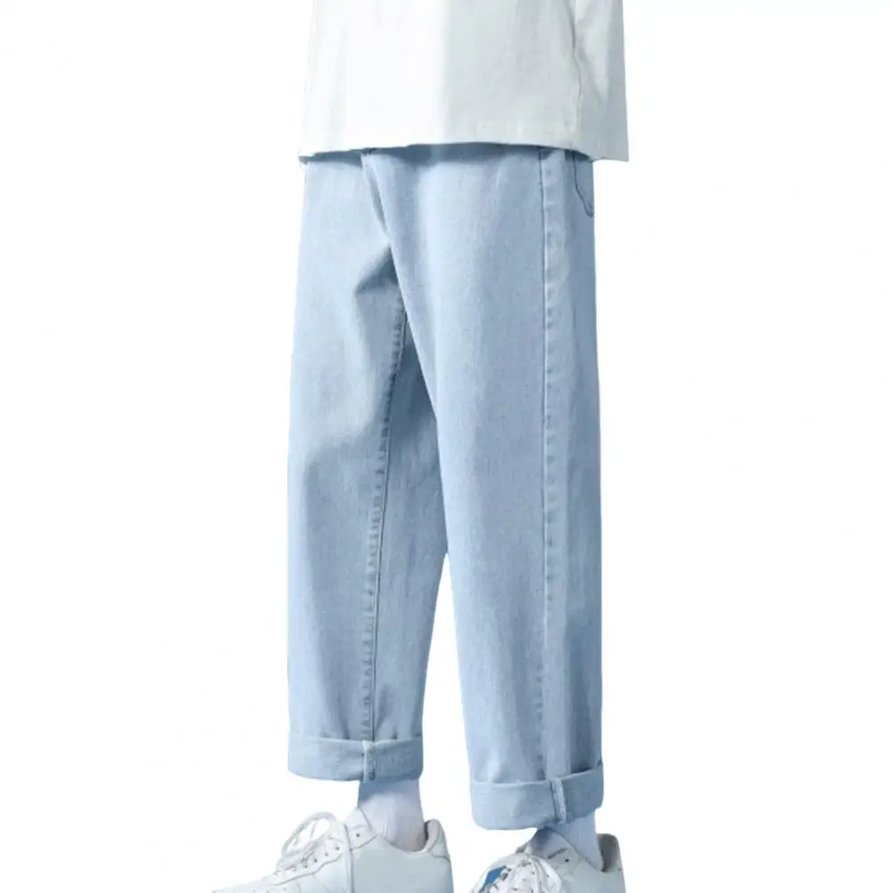 

Men Jeans Wide Leg Button Zipper Fly Solid Color Pockets Trousers Spring Autumn Loose Straight Denim Pants Streetwear