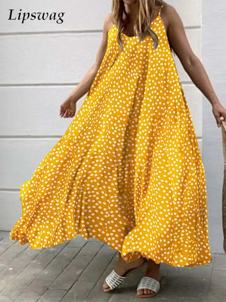

Casual Sling Sleeveless Loose Beach Dress 2022 Summer Women Polka Dot Print Dress Bohemian Big Hem Vacation A-Line Midi Dresses