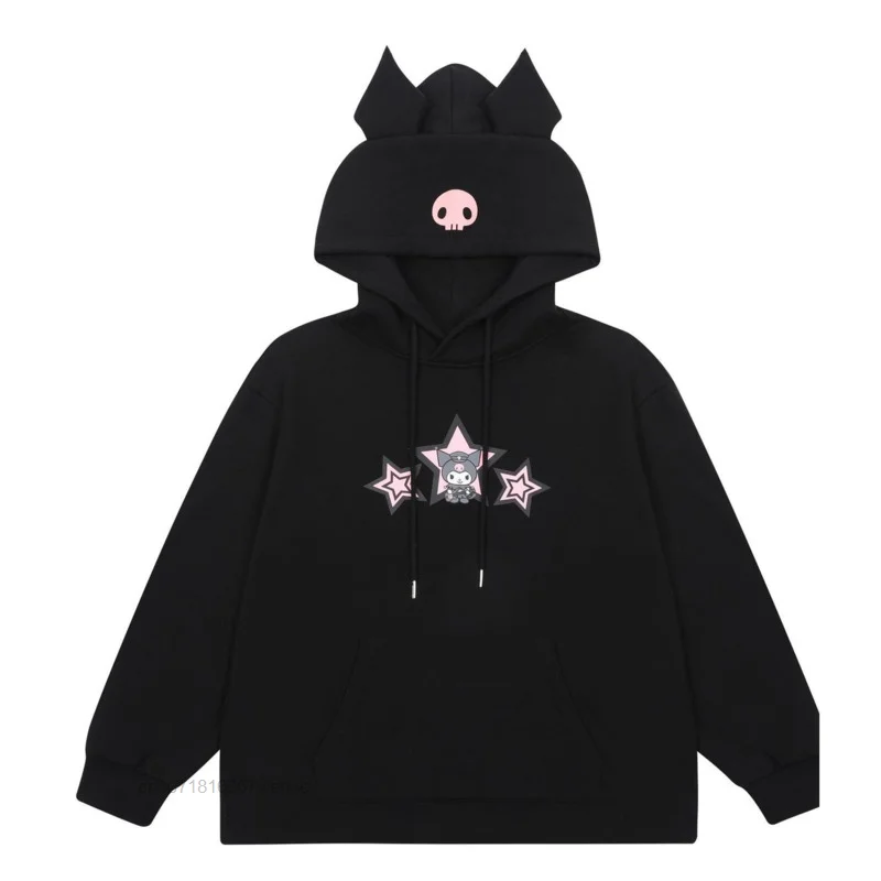 Фото Sanrio Kuromi Модные женские парные мужские пуловеры с капюшоном Hhodies мягкий Повседневный свободный принт плюшевое утепленное пальто для влюблен... №4