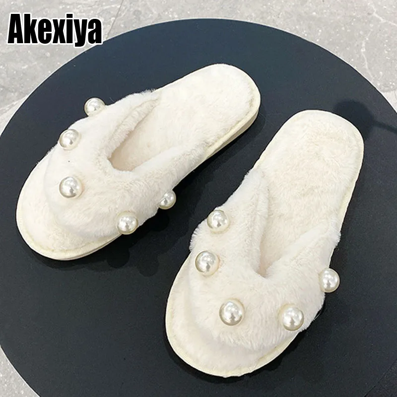 

New Fashion Women Fur Slippers Slides Home Thong Slippers For Bedroom Pearl Furry Fulffy Slippers Outdoor Shoes Lady BC4807